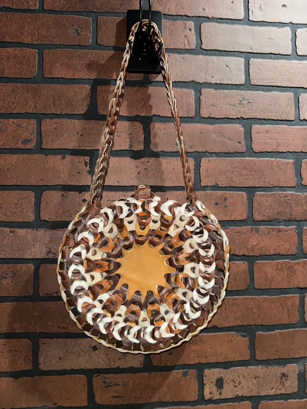 Handwoven Round Leather Shoulder Bag in Brown & Cream